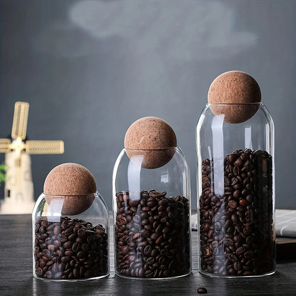 Condiments Container Set Of Three Glass Jars With Cork Ball Lids For Storage Canisters & Jars