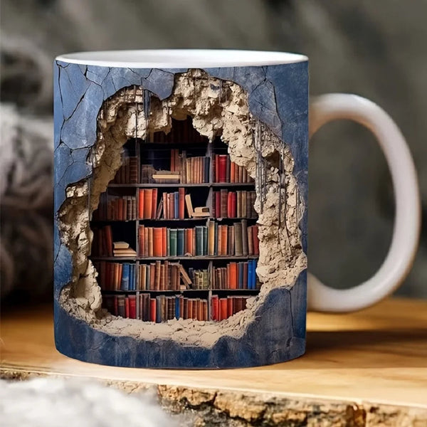Ceramic Coffee Mug Blue 3D Bookshelf Print Durable Drinkware For Office Kitchen Mugs