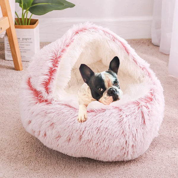 Pet Bed Brown 2In1 Warm Winter Long Plush Cushion Round Nest Kennel Pet Beds