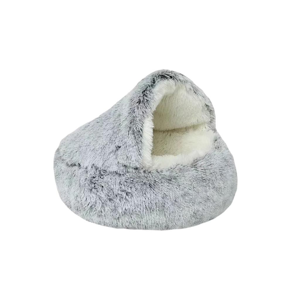 Pet Bed Grey 2In1 Warm Winter Long Plush Cushion Round Nest Kennel Pet Beds