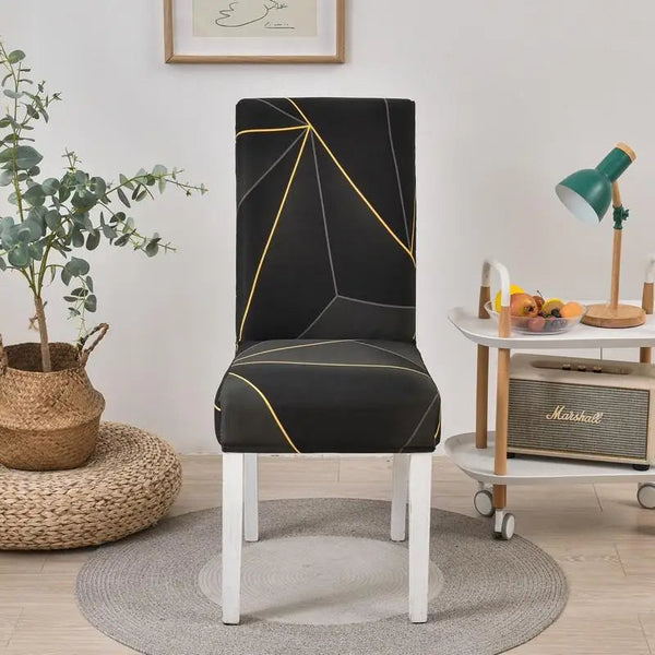 Chair Cover Black Gray Geometric Line Print Elastic Slipcover Dining Decor Slipcovers