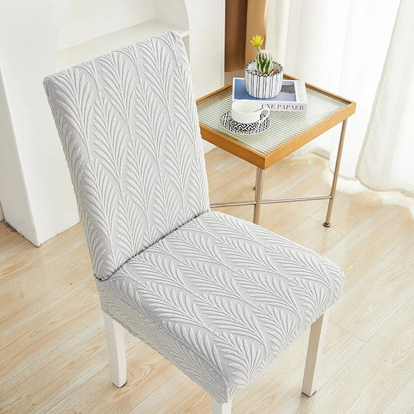 Chair Cover Light Grey Leaf Lines Design Elastic Material For Dining Room Slipcovers