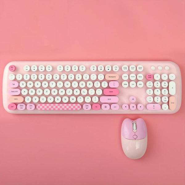 Bluetooth Keyboard Mouse Combo Set Pink Retro Design Wireless Soft Touch Keys Keyboards & Keypads