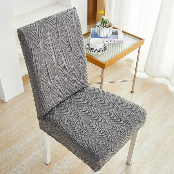 Chair Cover Dark Grey Leaf Lines Design Elastic Material For Dining Room Slipcovers