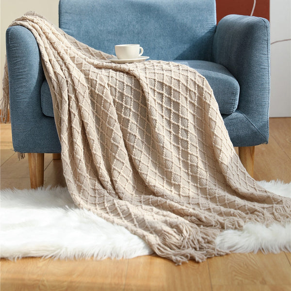 Khaki Faux Cashmere Sofa Cover Nordic Style Knit Plaid Throw Blanket 127 By 172 Centimetres Blankets