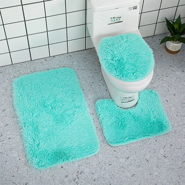 Bath Mat Set 3Pc Light Blue Bathroom Silk Tie Dye Non Slip Rug Toilet Cover Bath Mats Rugs & Toilet Covers