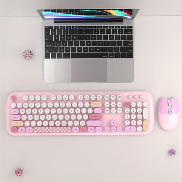 Bluetooth Keyboard Mouse Combo Set Pink Retro Design Wireless Soft Touch Keys Keyboards & Keypads