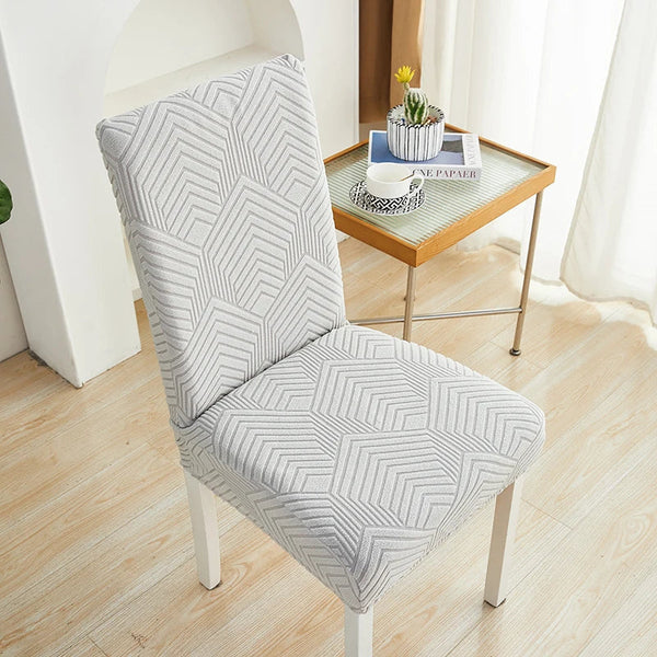 Chair Cover Light Grey Geometric Lines Design Elastic Material For Slipcovers
