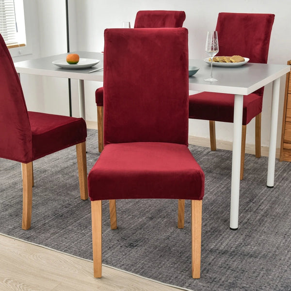 Wine Red Velvet Plush Stretch Slipcover Elastic Spandex Chair Cover For Dining Room Kitchen Wedding Banquet Hotel Slipcovers