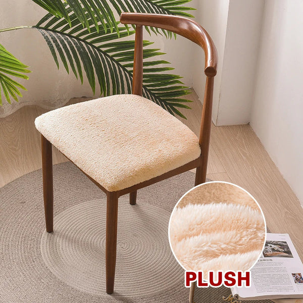 Beige Fur Stretch Chair Seat Cover For Dining Kitchen Washable Removable Slipcovers