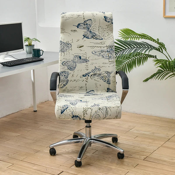 Office Chair Cover White Blue Butterfly Design Medium Non Slip Rotating Seat Case Universal Armrest Protector For Business Use Chair Covers
