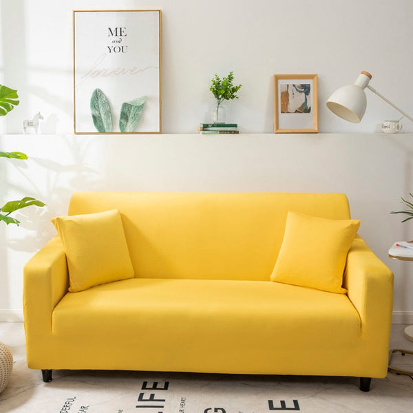2 Seater Sofa Cover Plain Yellow Elastic Stretchable Slipcover For Living Room Slipcovers
