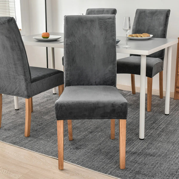 Dark Grey Velvet Plush Stretch Chair Slipcover For Dining Room Kitchen Slipcovers