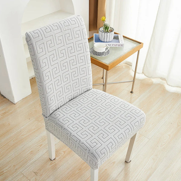 Chair Cover Light Grey Square Geometric Design Elastic Material For Slipcovers