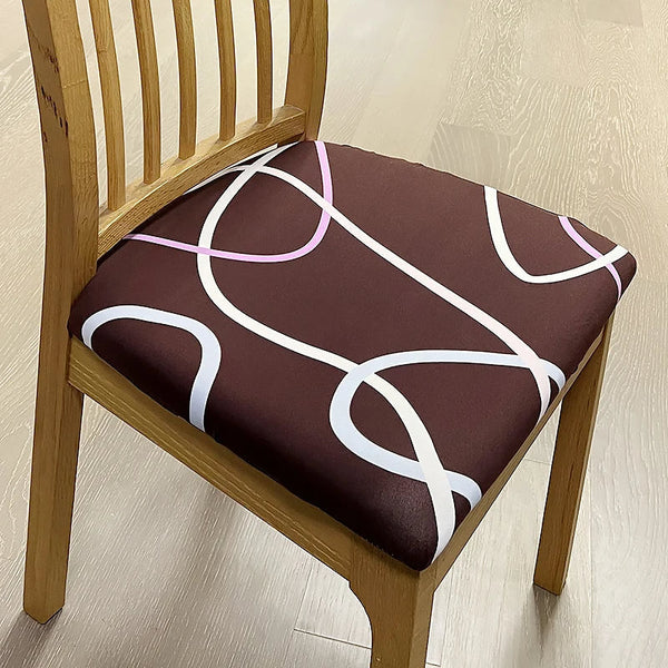 Chair Cover Dark Brown White Wave Lines Print Stretch Seat For Dining Kitchen Slipcovers