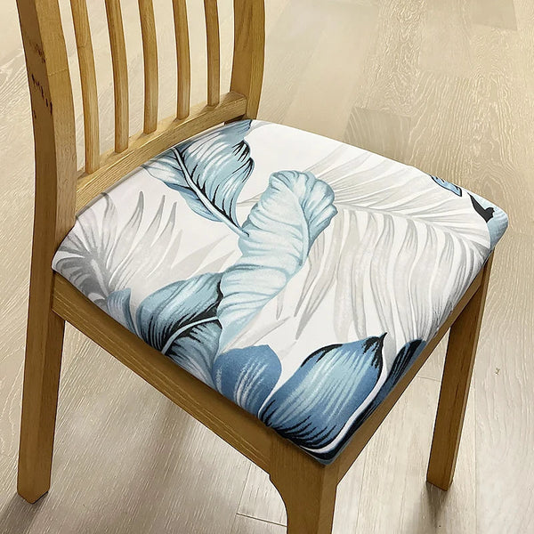 Chair Cover Light Blue Grey Leaf Print Stretch Seat For Dining Kitchen Washable Removable Slipcovers