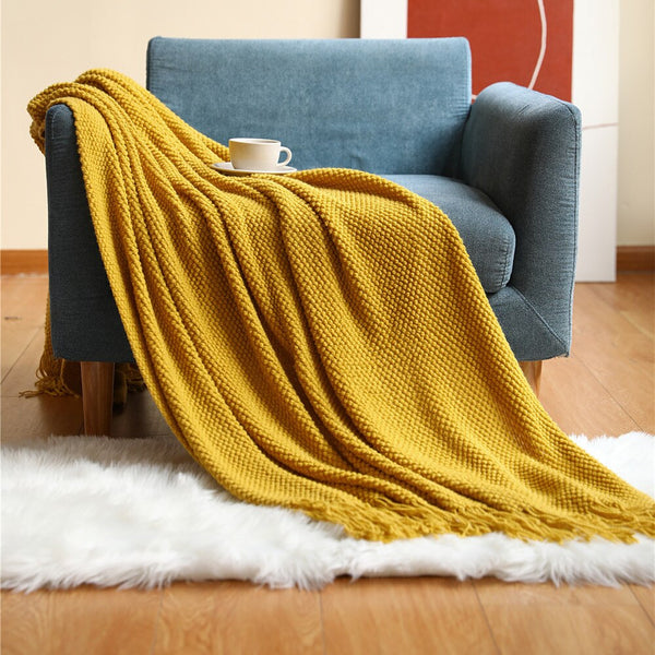 127 By 172 Centimetre Yellow Blanket Thickened Knitted Waffle Embossed Throw Blankets