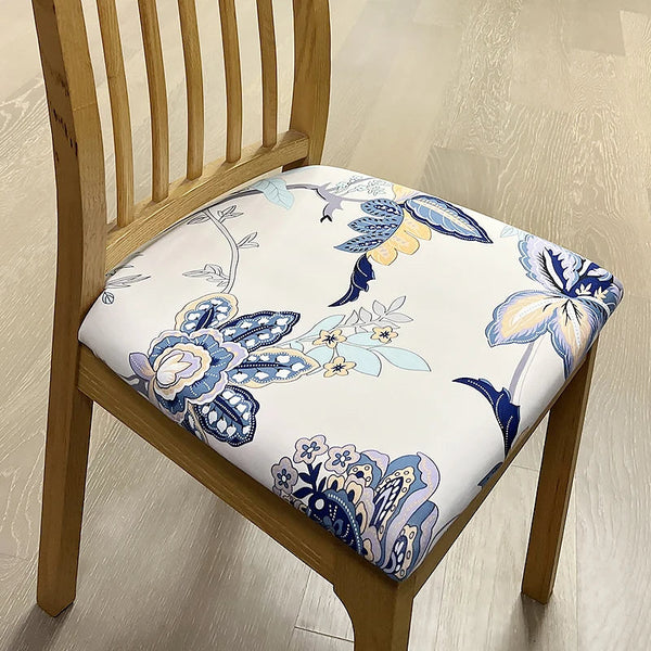 Chair Cover White Blue Floral Leaf Print Stretch Seat For Dinning Kitchen Slipcovers