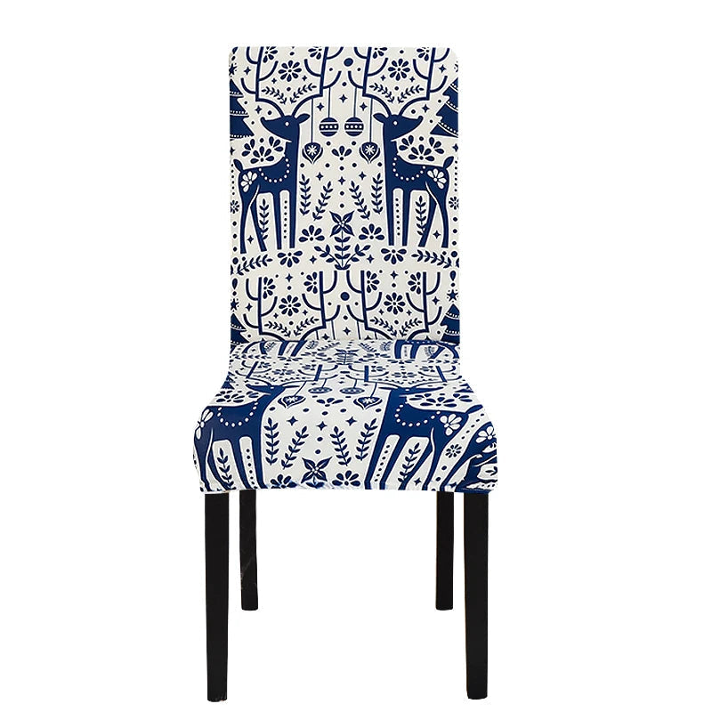 Chair Cover White Blue Xmas Deer Pattern Anti Dirt Elastic Material Slipcovers