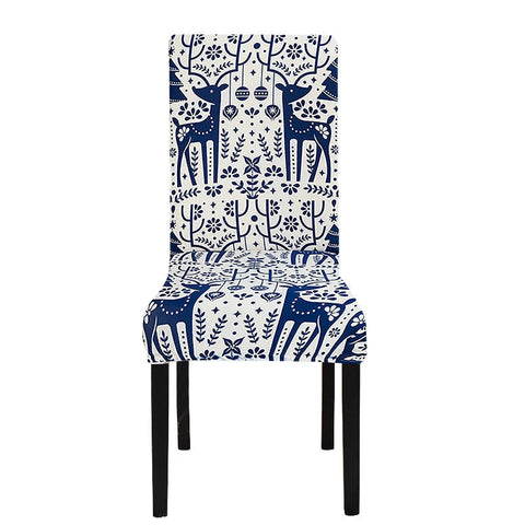 Chair Cover White Blue Xmas Deer Pattern Anti Dirt Elastic Material Slipcovers