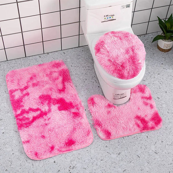 Bath Mat 3Pc Rose Pink Bathroom Silk Tie Dye Non Slip Rug Toilet Covers Bath Mats Rugs & Toilet Covers