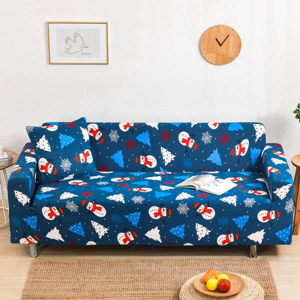 Sofa Cover Blue Christmas Tree Snowman Design Non Slip Stretchable Slipcover Slipcovers