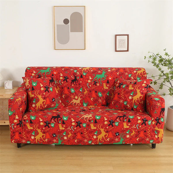 Sofa Cover Red Christmas Reindeer Design Stretchable Non Slip Slipcover Slipcovers