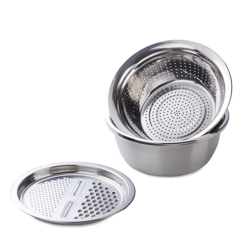 Silver Stainless Steel Basket Strainer Bowl With Vegetable Cutter Slicer For Kitchen Colanders Strainers & Sifters