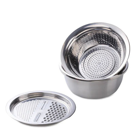Silver Stainless Steel Basket Strainer Bowl With Vegetable Cutter Slicer For Kitchen Colanders Strainers & Sifters