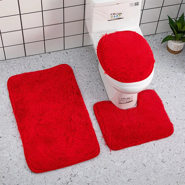 Bath Mat Set 3Pc Red Bathroom Silk Tie Dye Non Slip Rug Toilet Lid Cover Bath Mats Rugs & Toilet Covers