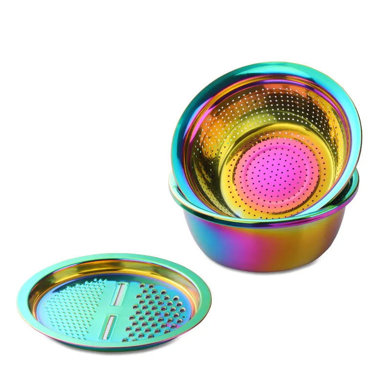 Rainbow Stainless Steel Basket Strainer Bowl With Vegetable Cutter Slicer For Kitchen Tools Colanders Strainers & Sifters