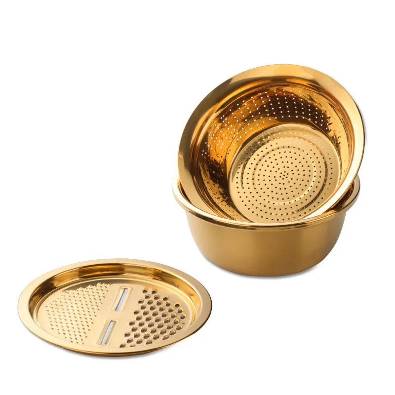 Gold Stainless Steel Basket Strainer Bowl With Vegetable Cutter Slicer For Kitchen Tools Colanders Strainers & Sifters