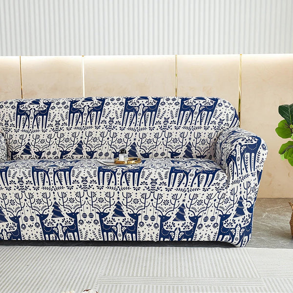 Sofa Cover Blue Christmas Reindeer Design Stretchable Non Slip Slipcover Slipcovers