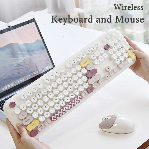 Bluetooth Keyboard Mouse Combo Set Pink Retro Design Wireless Soft Touch Keys Keyboards & Keypads