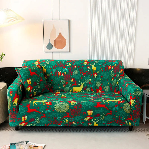 Sofa Cover Green Christmas Reindeer Design Stretchable Non Slip Slipcover Slipcovers