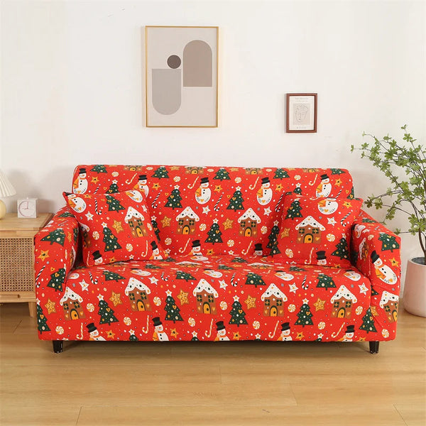 Sofa Cover Orange Christmas Snowman Design Stretchable Non Slip Slipcover Slipcovers