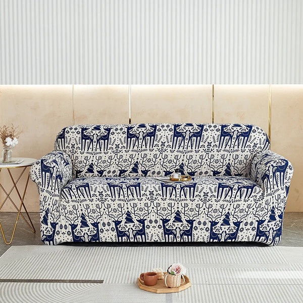 Sofa Cover Blue Christmas Reindeer Design Stretchable Non Slip Slipcover Slipcovers