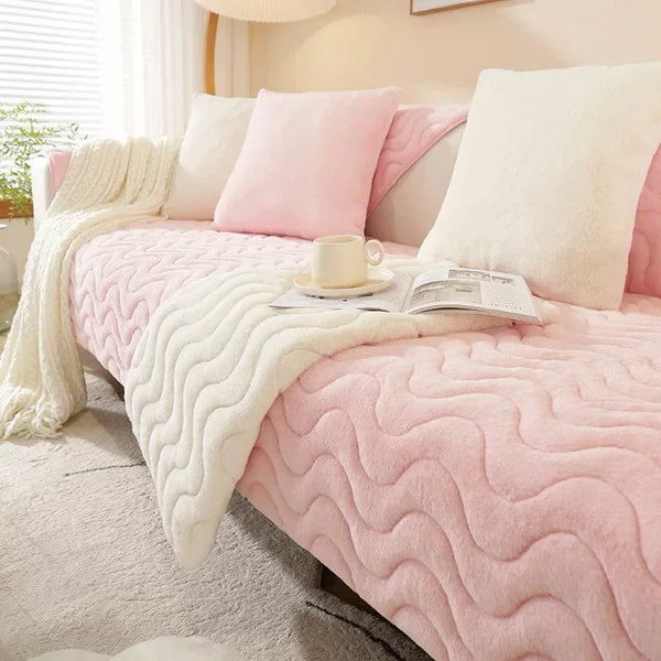 Sofa Towel Super Soft Wave Pink Rabbit Plush Quilted Couch Cover Slipcovers