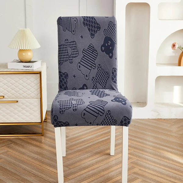Chair Cover Dark Grey Bear Design Anti Dirt Elastic Material For Dining Room Kitchen Slipcovers