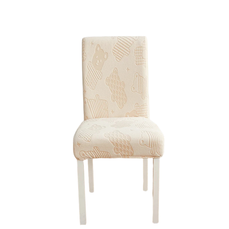 Chair Cover Beige Bear Design Anti Dirt Elastic Material Dining Room Kitchen Slipcovers