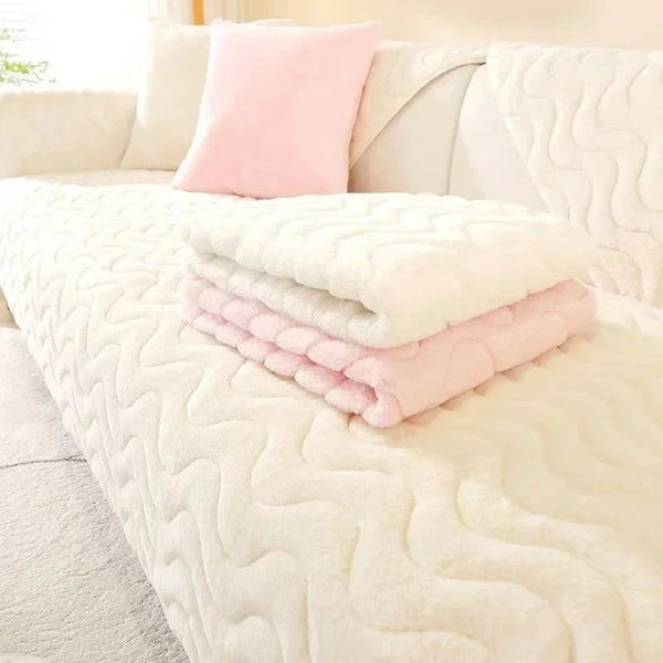 Sofa Towel Super Soft Wave Beige Rabbit Plush Quilted Couch Cover Slipcovers