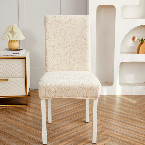 Chair Cover Beige Floral Design Anti Dirt Elastic Material For Dining Room Slipcovers