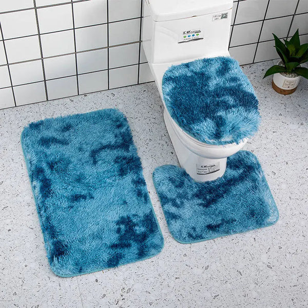 Bath Mat Set 3Pc Dye Blue Bathroom Silk Tie Non Slip Rug Toilet Covers Bath Mats Rugs & Toilet Covers