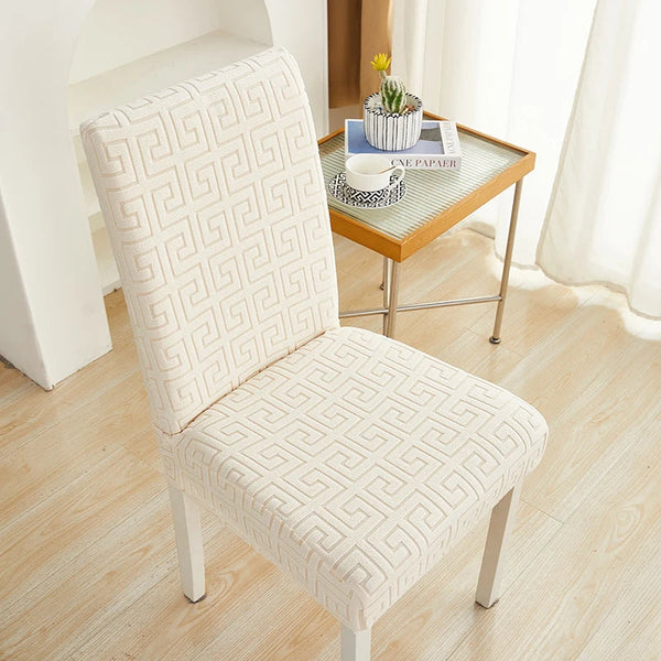 Chair Cover Beige Square Geometric Design Elastic Material For Dining Room Slipcovers