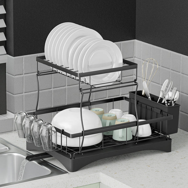 Cefito Dish Rack Expandable Drying Drainer Cutlery Holder Tray Kitchen 2 Tiers Racks & Holders