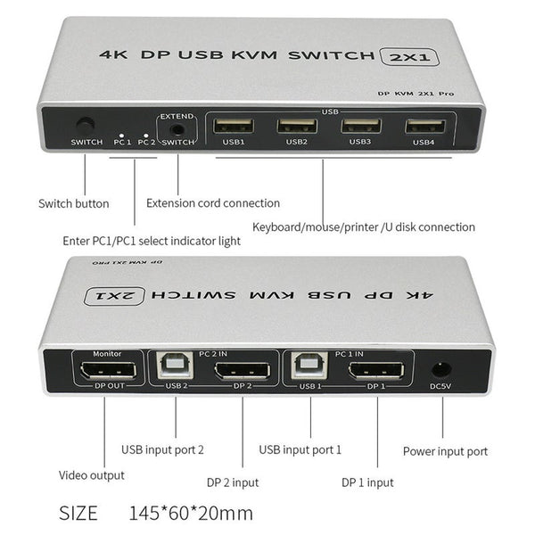 Dual Port 4K Or 8K Displayport Kvm Switch Usb 144Hz Dp Switcher 4Kx2k60hz 2K144hz In Out Kvm Switches