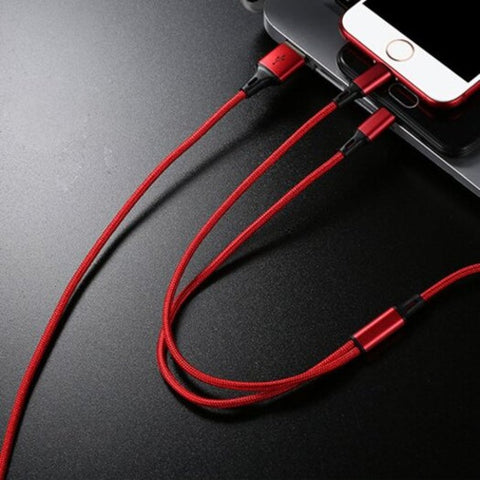 Durable Nice 1.2 M Multi Function 3 In Synchronous Fast Charging Data Cable Lava Red