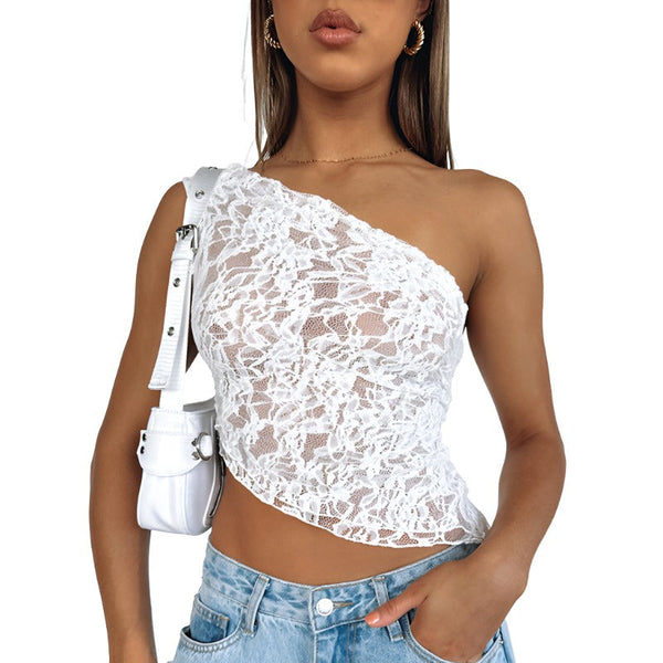 Tops Ins Lace Backless Top Summer Solid Colour Waistless Asymmetrical Neck Vest Women Clothing
