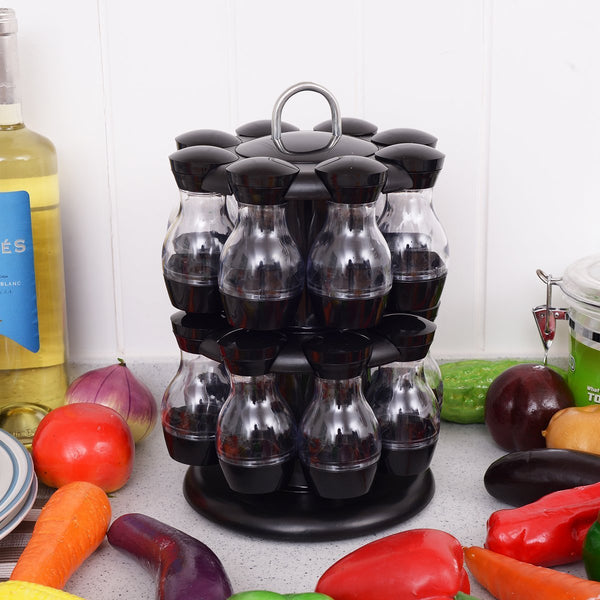 16 Jar Black Rotating Spice Rack Carousel Kitchen Condiments Storage Holder