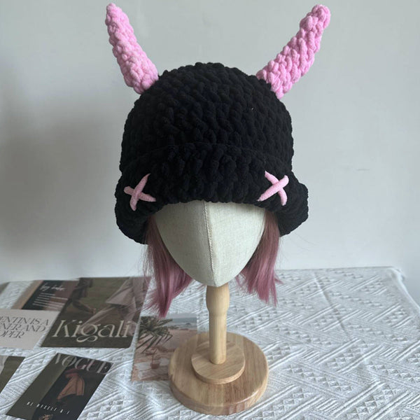Wool Hat With Cute Devil Mask Horns And Dome Crown For Warmth Style Hats
